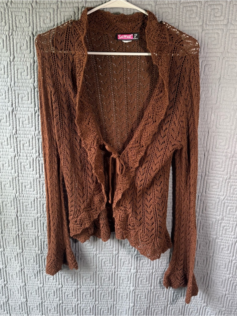 Say What? Cardigan Women’s Large Brown Knit Delicate Ruffle 100% Acrylic Vintage